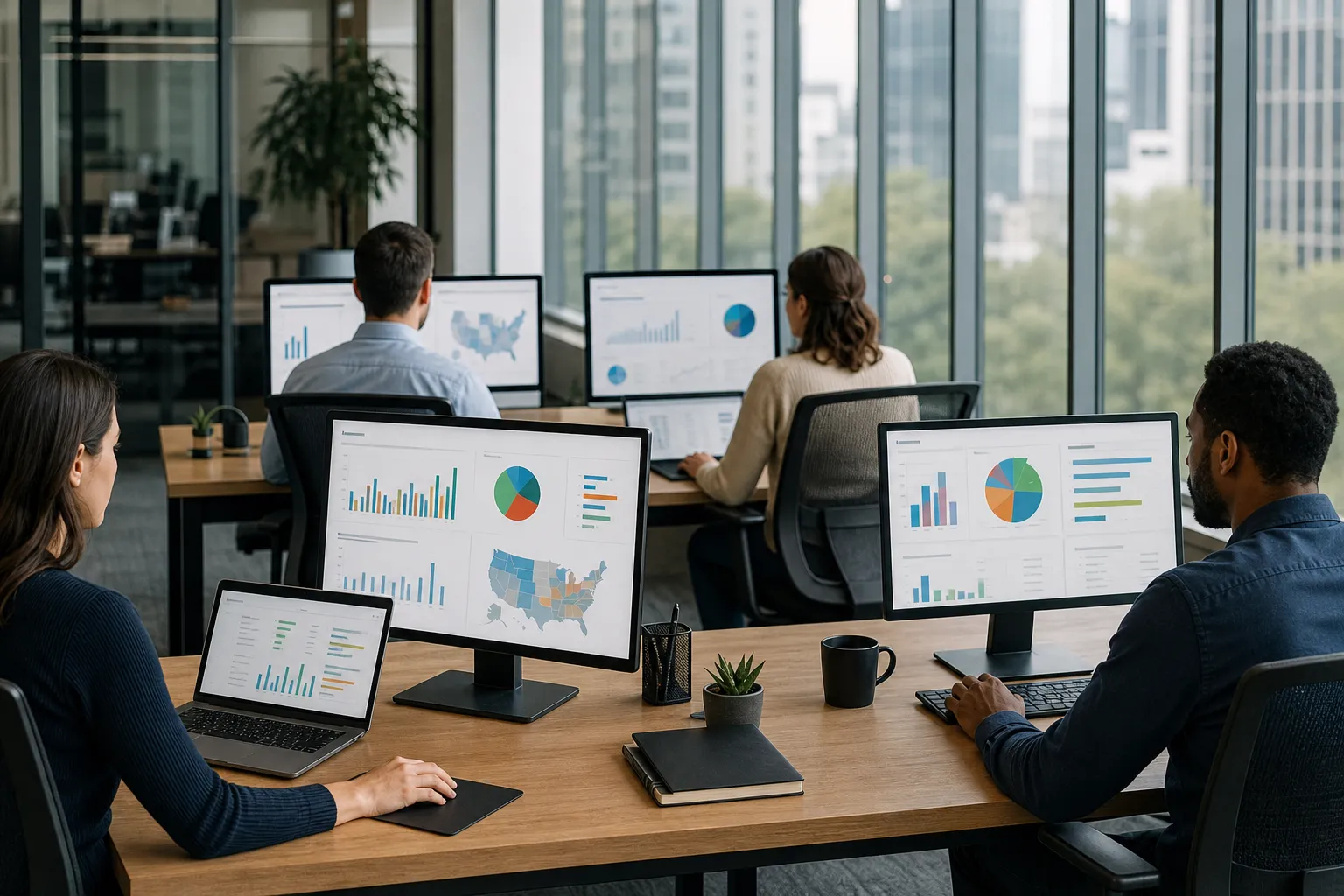 Corporate staff reviewing franchise training analytics and compliance reports across multiple locations
