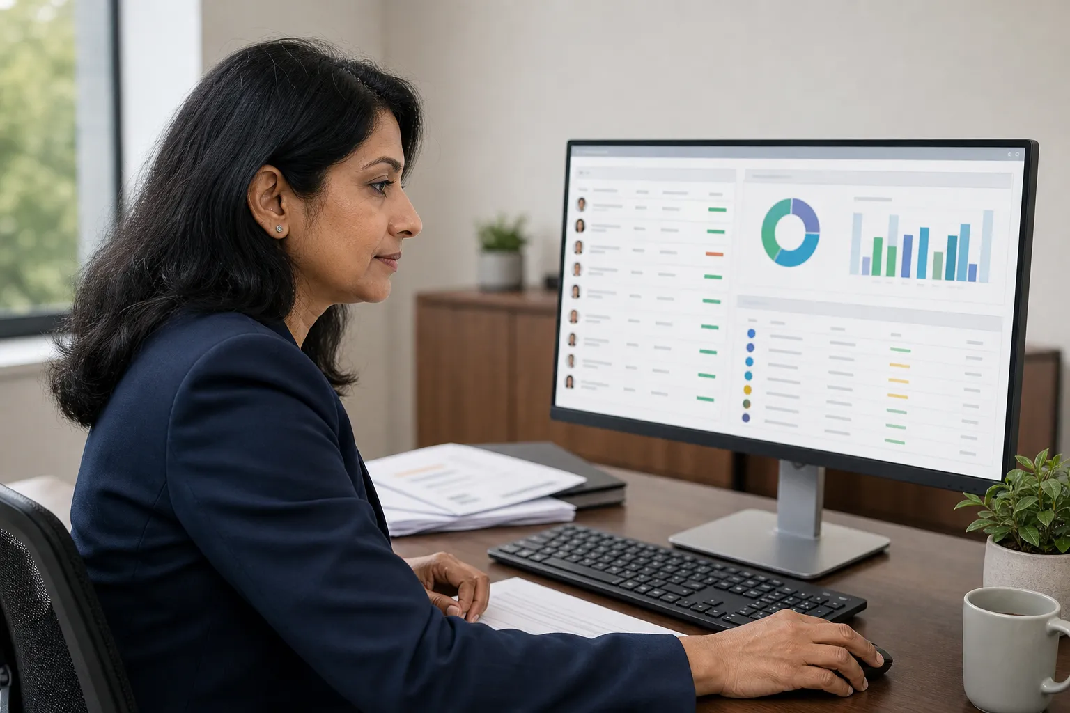 HR professional reviewing integrated LMS and payroll data on computer dashboard
