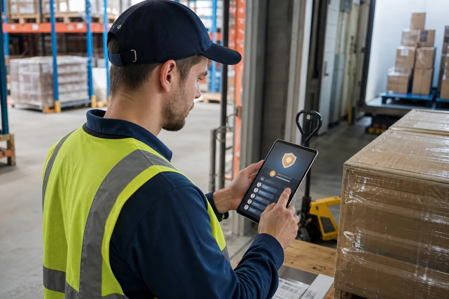 Frontline warehouse worker viewing a gamified badge and leaderboard on a mobile device during a shift break