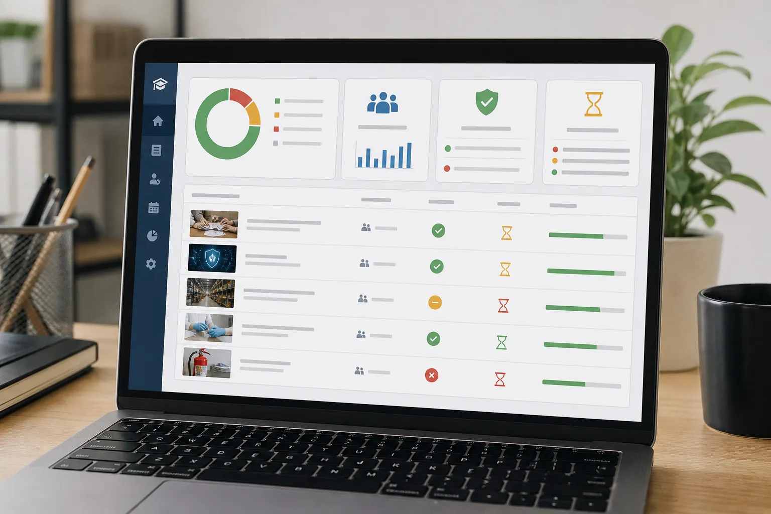 Cloud-based LMS dashboard showing compliance tracking, certification status, and course completion data