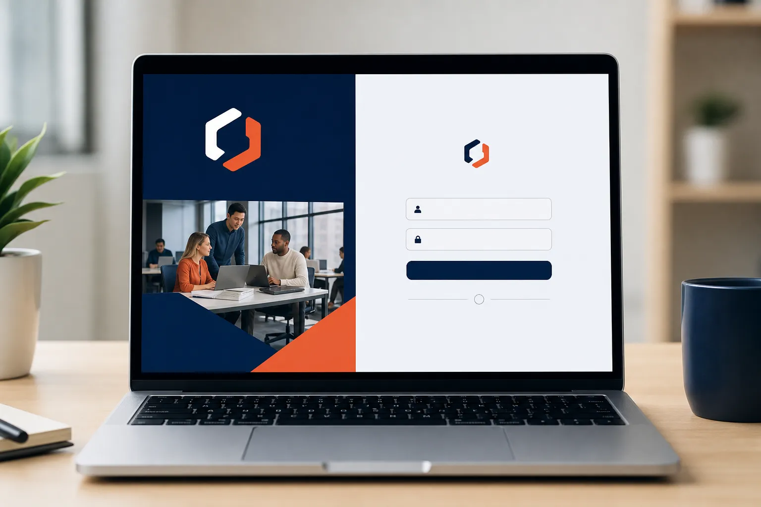 Branded training portal login screen with custom company logo and color scheme on a desktop monitor
