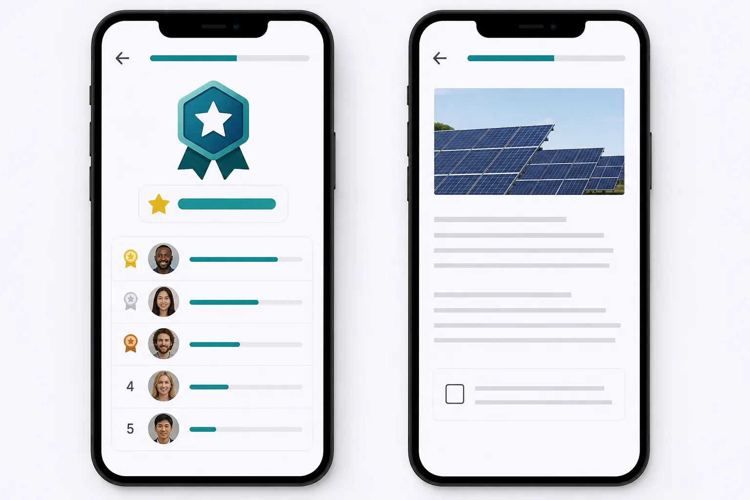 Gamified LMS interface with badges and leaderboard compared to non-gamified training interface