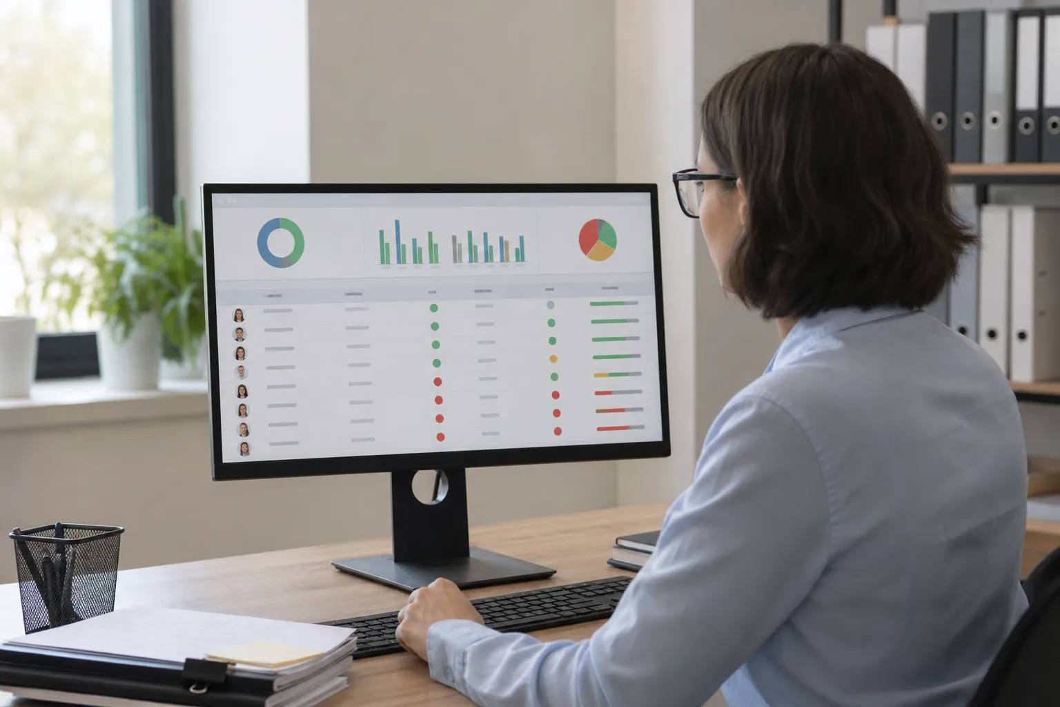 Compliance officer reviewing certification tracking dashboard showing employee training status and expiration dates