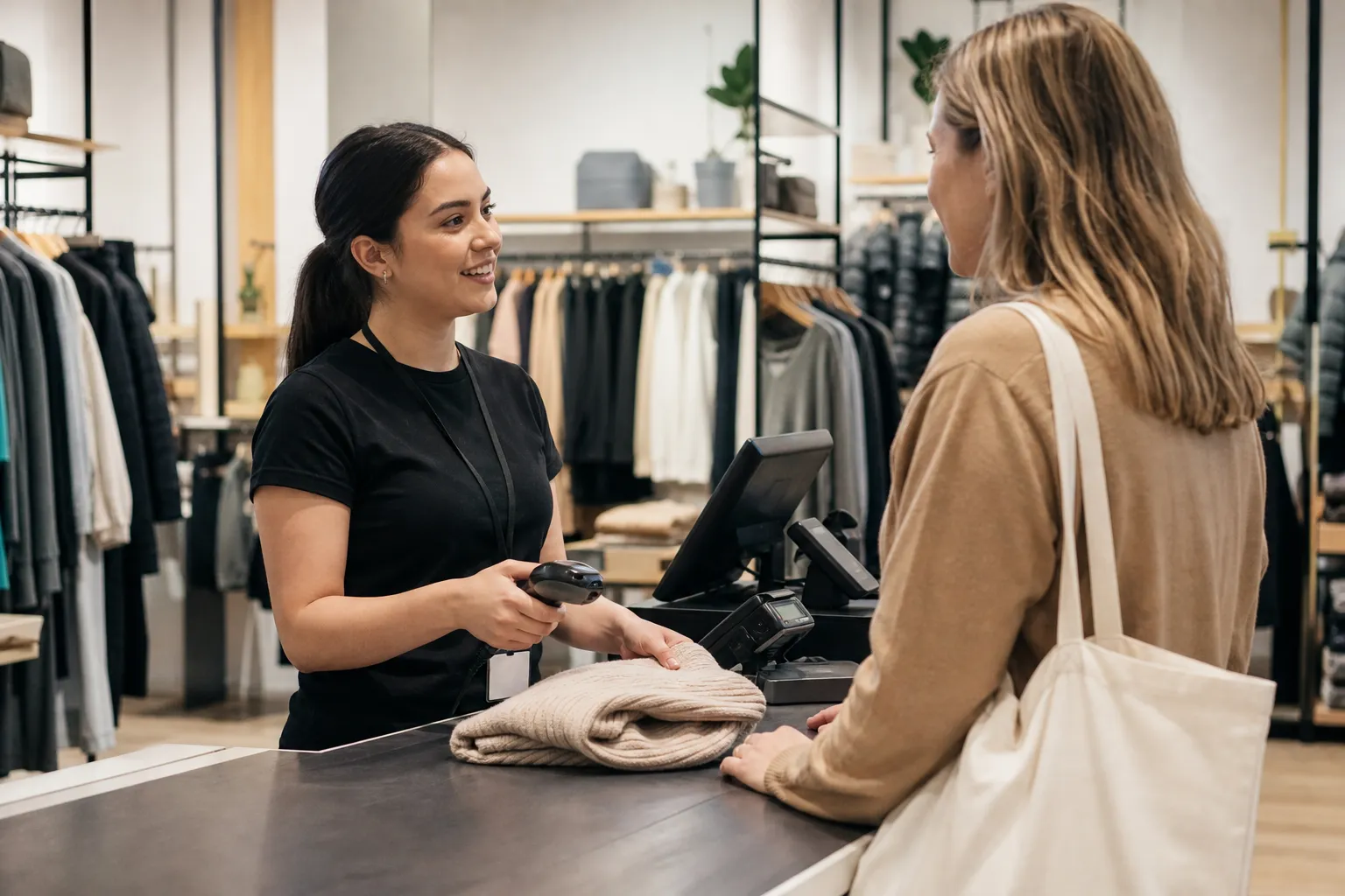 Retail sales associate in uniform helping a customer on the sales floor during a shift